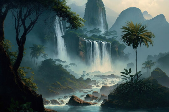 Tropical landscape with mist and waterfalls, art illustration