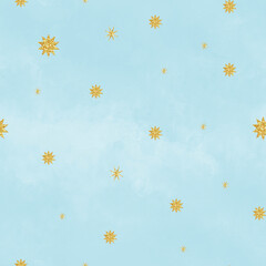 Seamless pattern with gold stars for fabric, paper, scrapbooking, wrapping. Blue background.