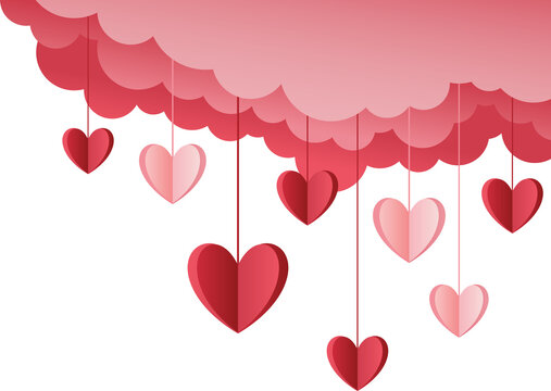 Valentine's day poster with pink paper hearts and clouds. Paper 3d style on transparent background. Holiday card, vector illustration for your design. PNG image