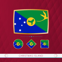Set of Christmas Island flags with gold frame for use at sporting events on a burgundy abstract background.