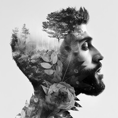 Double exposure, arab male portrait, flowers, leaves. Black and white. monochrome. AI illustration © liliya