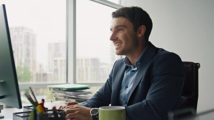 Pensive businessman look solution at workplace closeup. Inspired manager typing