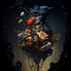 A portrait of a monster with flowers
