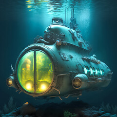 Obraz na płótnie Canvas Underwater explores, giant submarine, sci-fi illustration