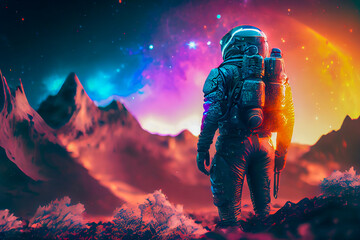 Obraz na płótnie Canvas Alien planet with a spaceman, sci-fi ai illustration