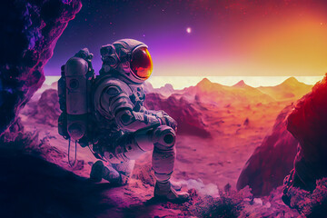 Alien planet with a spaceman, sci-fi ai illustration