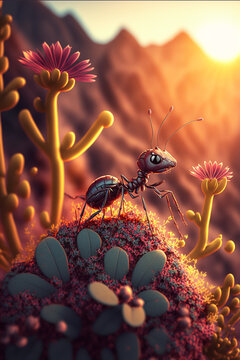 Lovely Baby Ant At Spring Blossom, Generative Ai