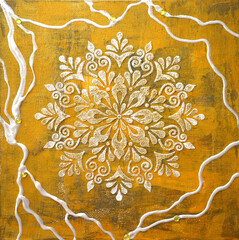 Square oil painting on golden canvas. Shiny snowflake. Gold Texture painting. New Modern Art. White Mandala pattern for mehendi. A unique stencil for creating crisp images on paper, glass and fabric. - 555957402