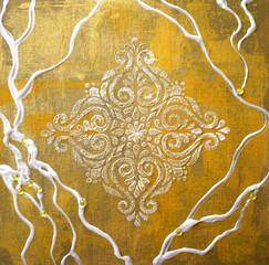 Square oil painting on golden canvas. Shiny snowflake. Gold Texture painting. New Modern Art. White Mandala pattern for mehendi. A unique stencil for creating crisp images on paper, glass and fabric. - 555957403