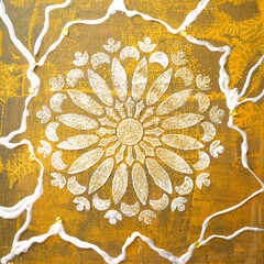 Square oil painting on golden canvas. Shiny snowflake. Gold Texture painting. New Modern Art. White Mandala pattern for mehendi. A unique stencil for creating crisp images on paper, glass and fabric. - 555957428