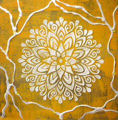 Square oil painting on golden canvas. Shiny snowflake. Gold Texture painting. New Modern Art. White Mandala pattern for mehendi. A unique stencil for creating crisp images on paper, glass and fabric. - 555957435