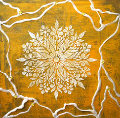 Square oil painting on golden canvas. Shiny snowflake. Gold Texture painting. New Modern Art. White Mandala pattern for mehendi. A unique stencil for creating crisp images on paper, glass and fabric. - 555957465