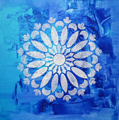 Square oil painting on blue canvas. Shiny snowflake. Texture painting. New Modern Art. White silver Mandala pattern for mehendi. Unique stencil for creating crisp images on paper, glass, fabric print - 555957475