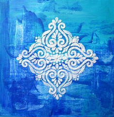Square oil painting on blue canvas. Shiny snowflake. Texture painting. New Modern Art. White silver Mandala pattern for mehendi. Unique stencil for creating crisp images on paper, glass, fabric print - 555957490