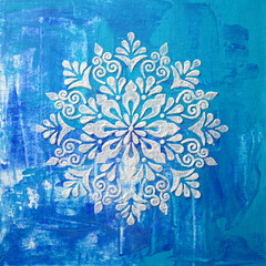 Square oil painting on blue canvas. Shiny snowflake. Texture painting. New Modern Art. White silver Mandala pattern for mehendi. Unique stencil for creating crisp images on paper, glass, fabric print - 555957496