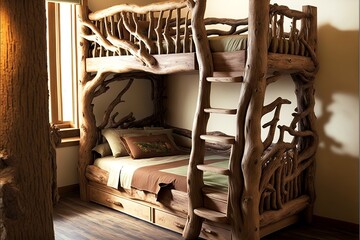 Obraz na płótnie Canvas wooden Bunk bed in the bedroom,retro furniture, interior