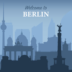 Berlin Tourist Greeting card, Typographical background "Welcome to Berlin" city landscape skyline, Vector design. © Oksana