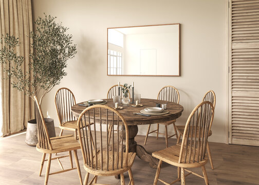 Farmhouse beige dining room interior with furniture. Scandinavian boho style. 3D rendering of a wall frame mockup. High quality illustration.