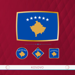 Set of Kosovo flags with gold frame for use at sporting events on a burgundy abstract background.