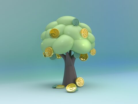 3D Money Tree On Blue Background Concept Of Exit Investment Earning Return