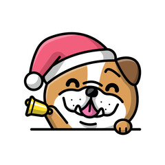 A CUTE BULLDOG WITH SANTA HAT IS HOLDING A BELL CARTOON ILLUSTRATION