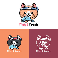 A CUTE CAT IS HOLDING A FISH CARTOON LOGO SET