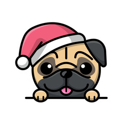 A CUTE PUG DOG IS WEARING SANTA HAT AND PEEKING UP OVER THE WALL