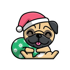 A CUTE PUG IS WEEARING SANTA HAT AND CARRYING A PRESENT BAG