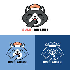 CUTE CAT WITH A SUSHI ON HIS HEAD CARTOON LOGO SET
