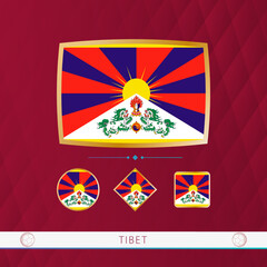Set of Tibet flags with gold frame for use at sporting events on a burgundy abstract background.