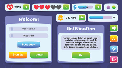 User interface for mobile game, app. UI Kit of icons, progress bars, buttons, pop-ups. Menus, indicators and rewards in a video game. Flat cartoon, casual vector collection