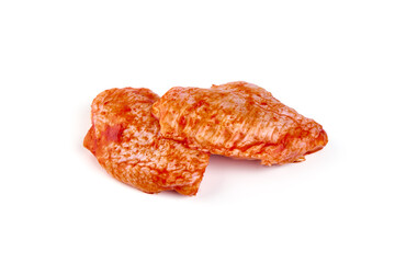 Buffalo Chicken wings in red sauce, isolated on white background.