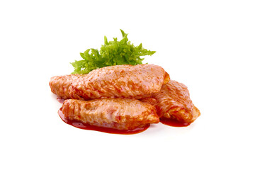 Buffalo Chicken wings in red sauce, isolated on white background.
