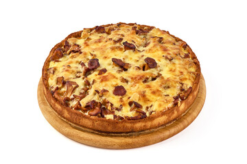 Homemade quiche with chanterelle mushrooms, isolated on white background.