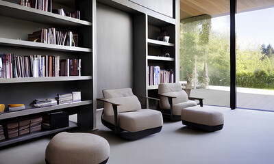 living room with a view of nature and some books generated by AI