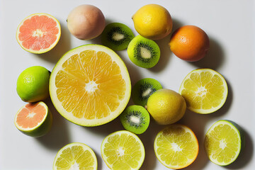 Sliced lemon, lime, grapefruit and kiwi fruit on white background, generative AI