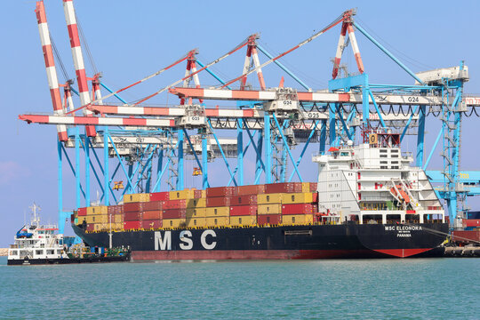 Haifa, Israel - October 11, 2021: MSC Mega Container Ship docked at Haifa shipping port.