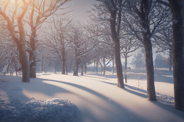 Obraz premium Winter Christmas landscape with snow covered trees and snowdrifts, generative AI