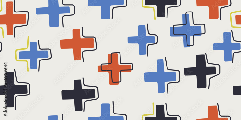 Poster blue and red crosses on a white background. vector print and pattern for various surfaces and stylis