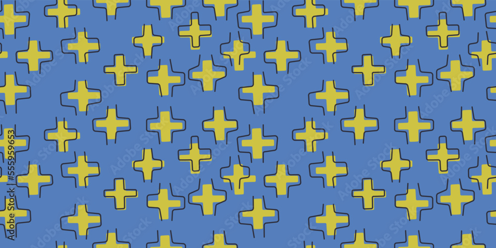 Poster yellow crosses on a blue background. vector print and pattern for various surfaces and stylish illus