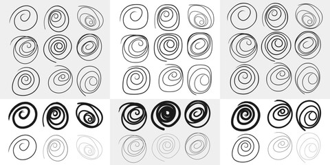 Round spiral doodles set. A set of pencil-drawn round doodle spirals.