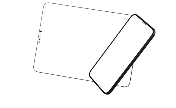 Blank screen realistic tablet frame, rotated position, side view, top view. The tablet is at different angles. Layout of a universal set of devices