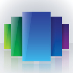 Infographic colorful blue, yellow and green shiny transparent rectangles with reflections on white background