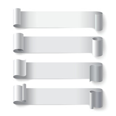 Curled white paper stripe banners with realistic shadows on gray background