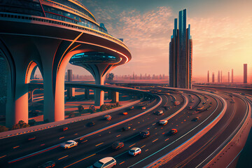 Fototapeta premium Futuristic city with ultra speed highways, ai illustration