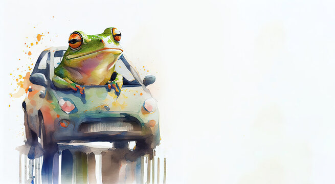Watercolor frog driving a car. Generative AI