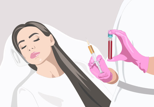 Cosmetologist does prp therapy on the face of a beautiful woman. Cosmetology concept. vector image