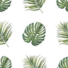 Hand-drawn watercolor seamless tropical branch pattern