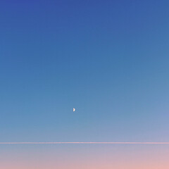 Minimalistic sunset sky with moon and airplane trail