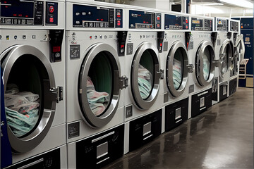 money laundering concept with dollars inside washing machines in a laundromat